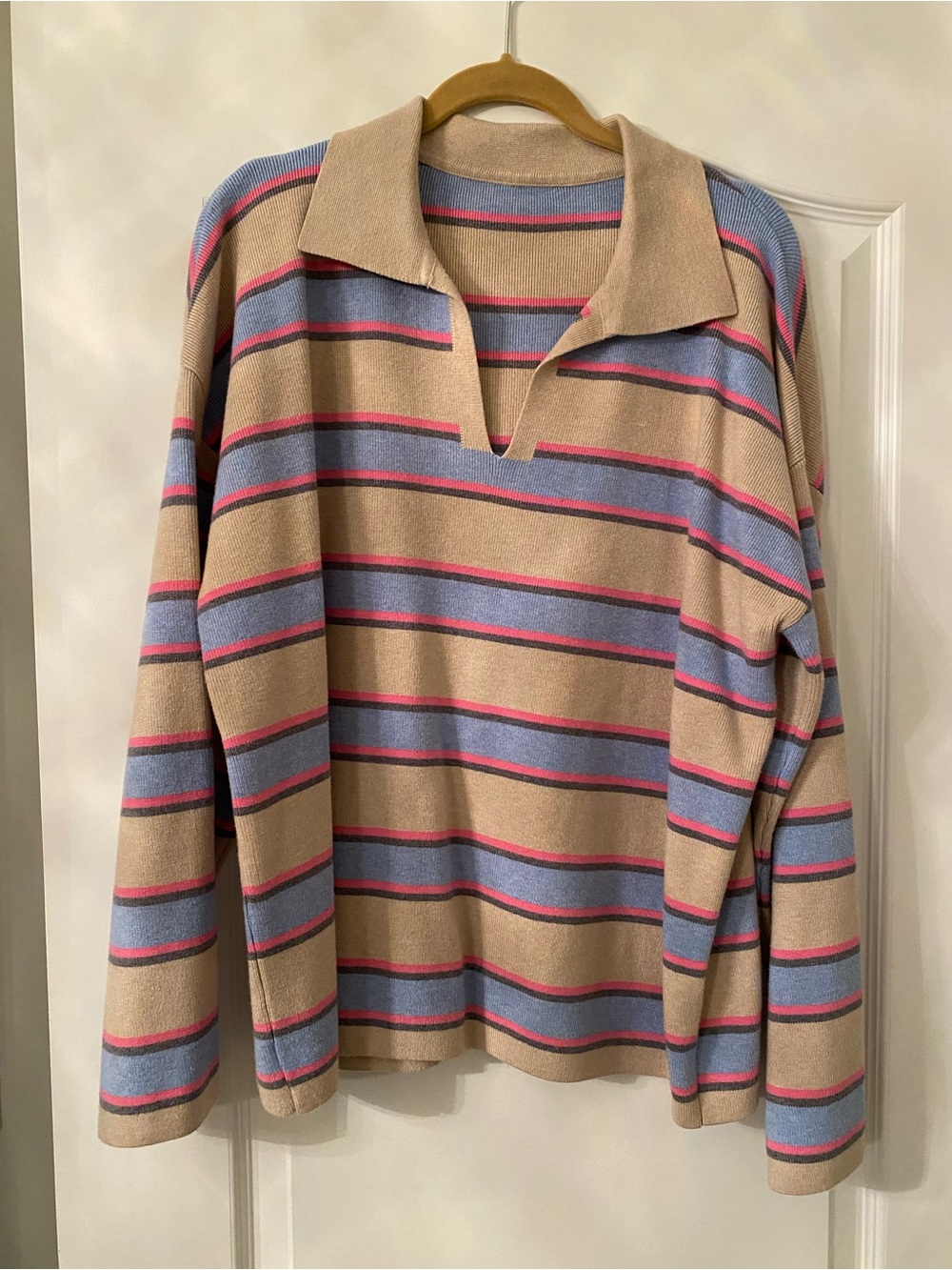 Striped Beige V-Neck Collared Sweater with Blue and Pink Accents